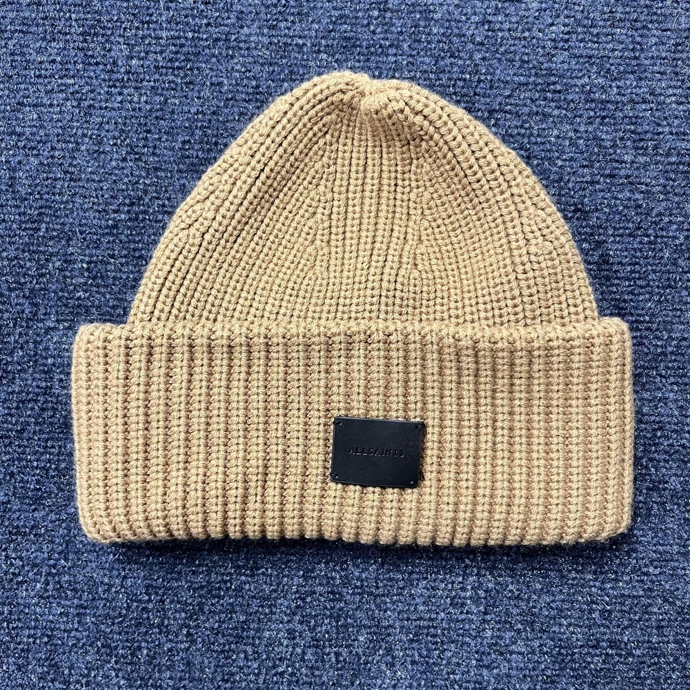 AllSaints Hat Beanie Mens One Size Beige Ribbed Cuffed Half Cardigan Knit‎ Logo